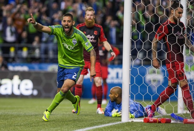 Clint Dempsey cheers his 2nd half goal that would give the Sounders a 1-0 win over rival Portland Timbers.  The Seattle Sounders and Portland Timbers played Sunday, April 26, 2015, at CenturyLink Field in Seattle
